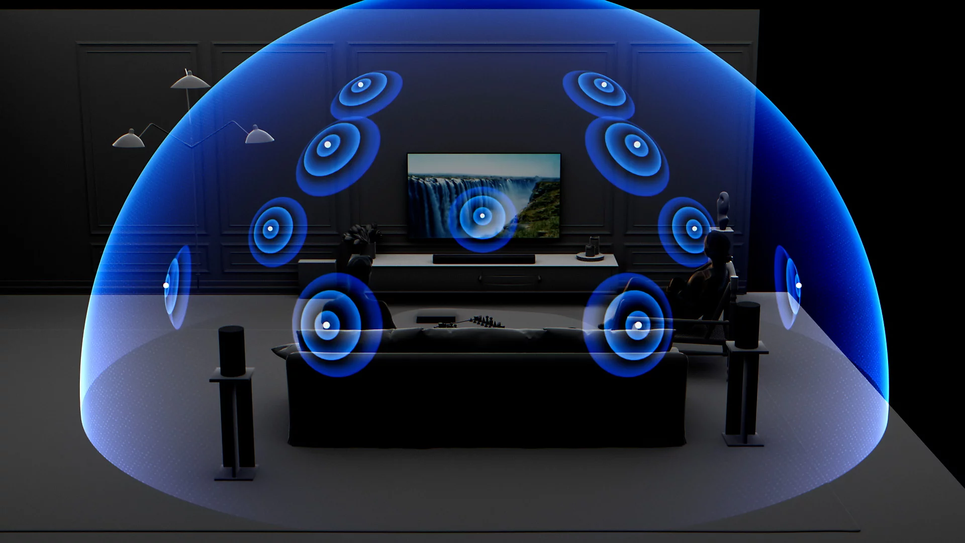 Movie Night Setup in a living room — projector picture, Dolby Atmos surround sound visualised across the space