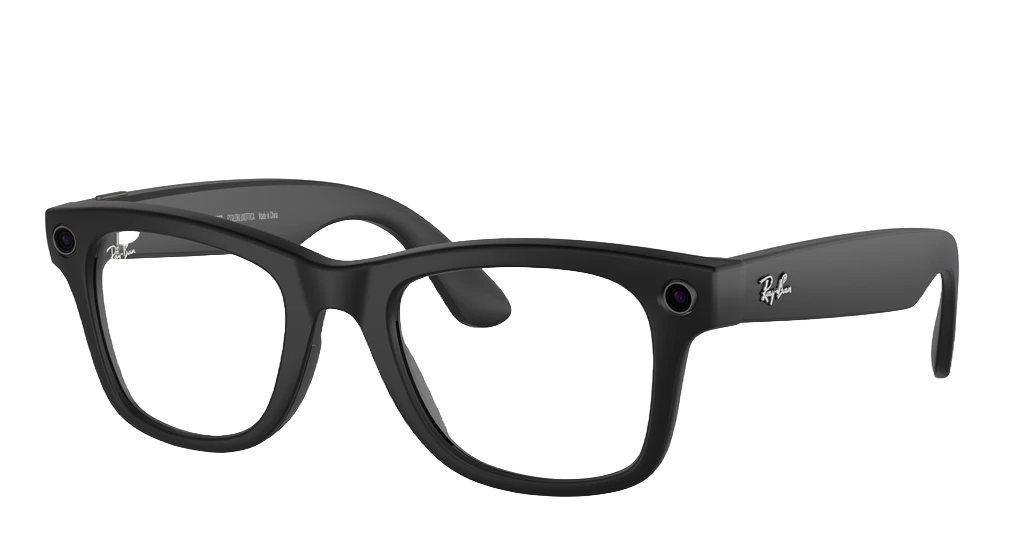Ray-Ban Meta smart glasses — black Wayfarer frames, three-quarter angle showing the integrated camera and Ray-Ban logo on the temple